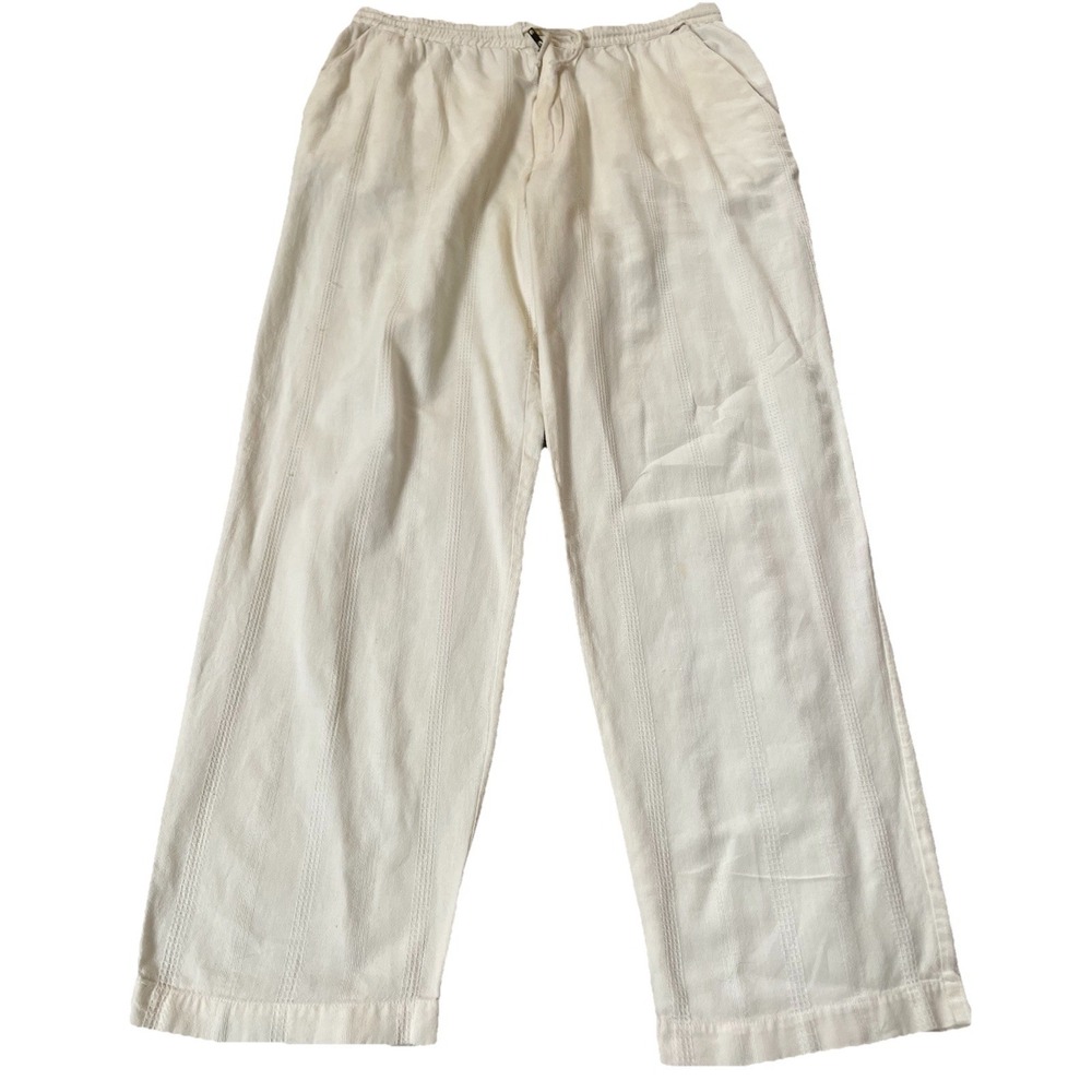 Vtg 80s Straight Leg Pants Womens Sz L Ivory Subtle Stripes Beach Athleisure